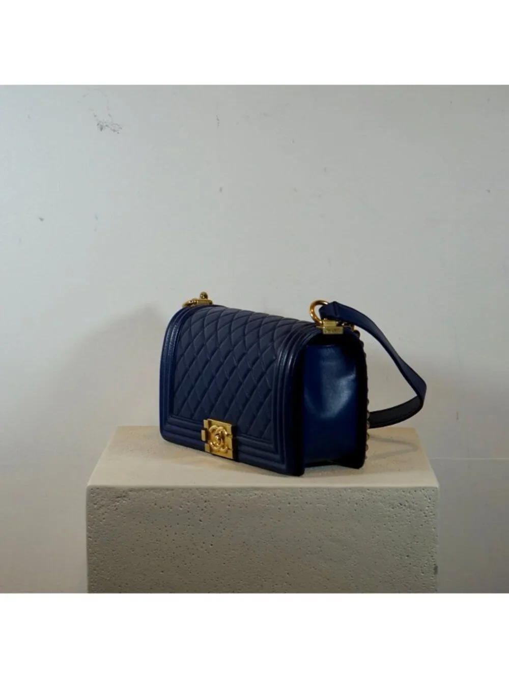 Chanel Boy Bag Caviar Blue with Gold Hardware